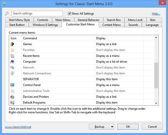 Select which items to show in the menu