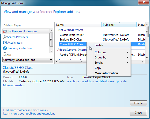Manage Add-ons (Internet Explorer 9)